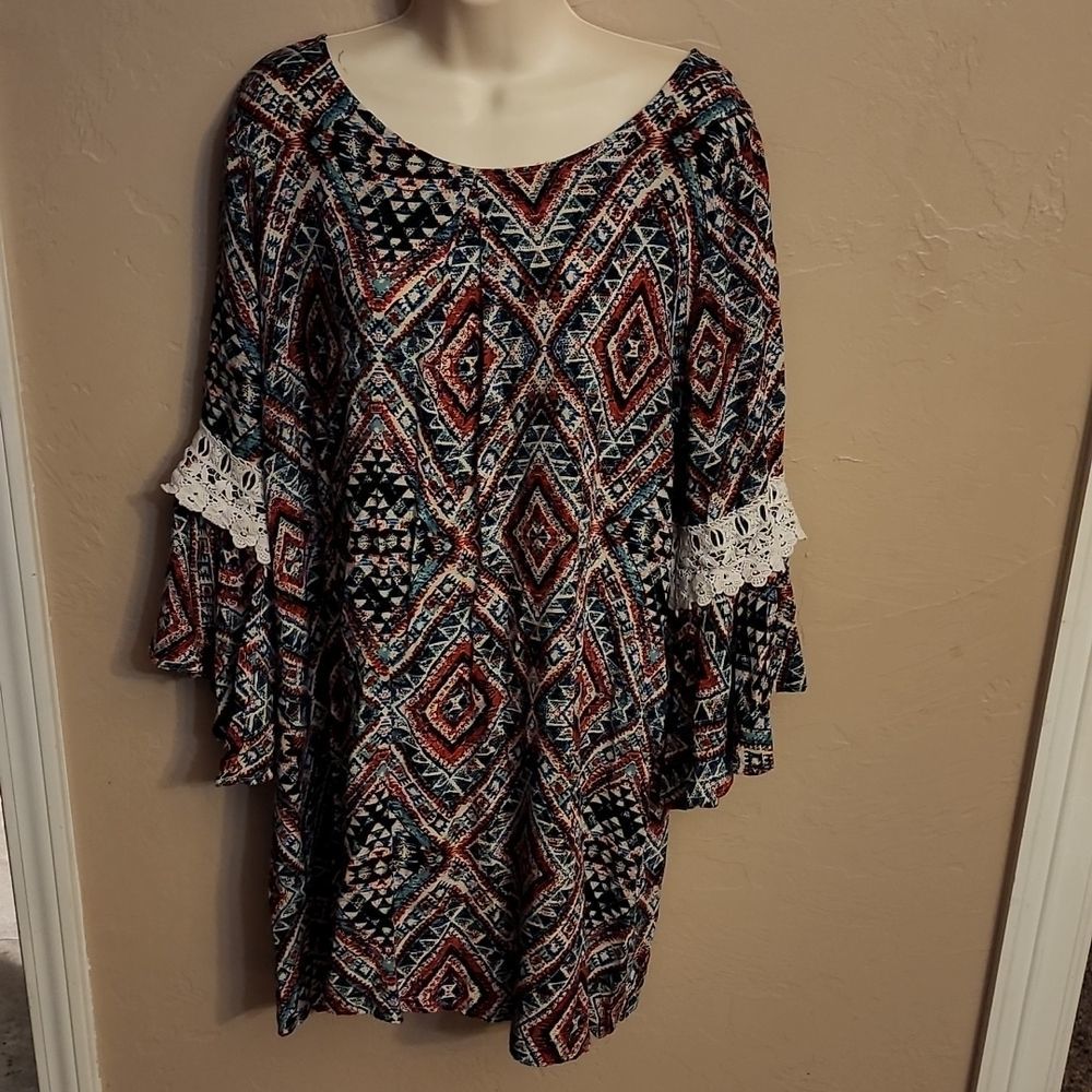 Rock & Roll Cowgirl Multicolor Geometric Midi Dress with Lace Trim